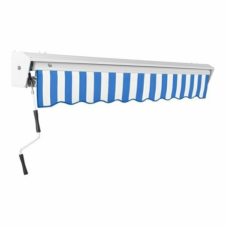 AWNTECH Manual retractable awning with blue/white stripes and protective hood for patios. 237DM12BBW